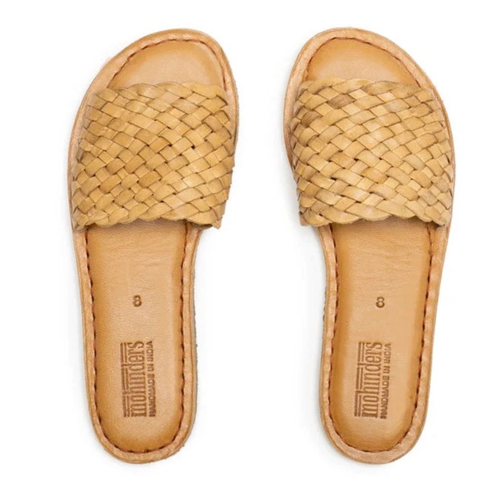 MOHINDERS Tan Leather Woven Slide Sandals, Minimal, Real Leather, Camel, Slip-On